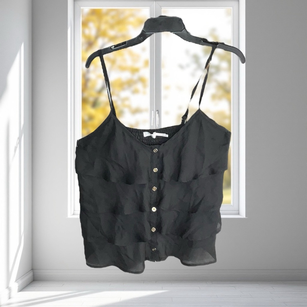 Body Central Black Tiered Ruffled Spaghetti Strap Sheer Summer Top Women Large